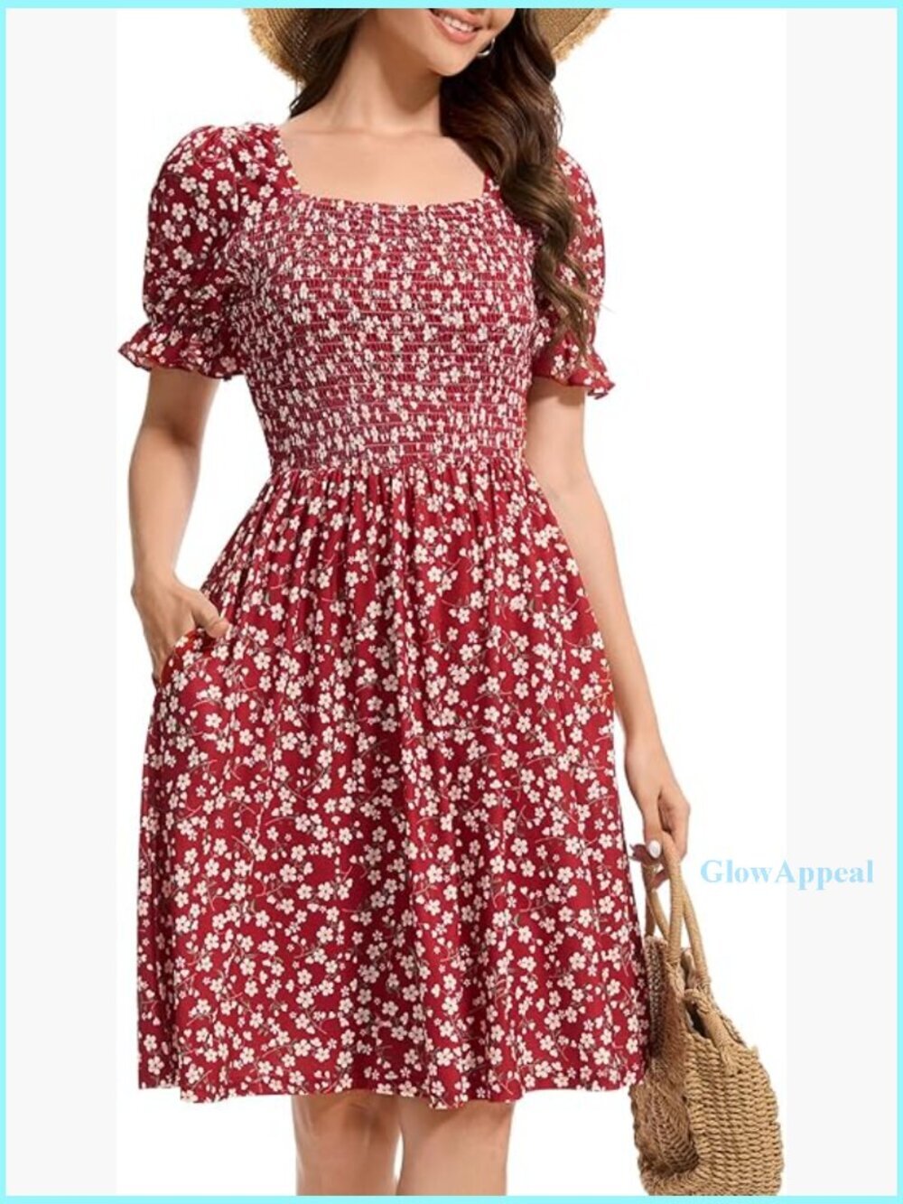 Square Neck Puff Sleeve Smocked Mini Dress A-Line Summer Casual